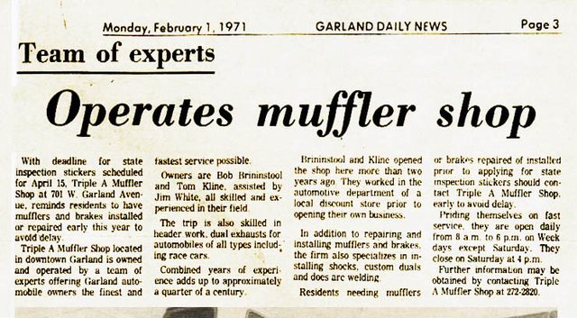 Garland Daily News clipping from February 1971, &ldquo;Team of experts operates muffler shop&rdquo;